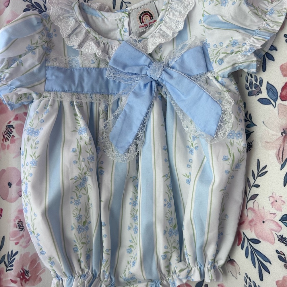 Blue and White Striped Bodysuit with Ruffled Details